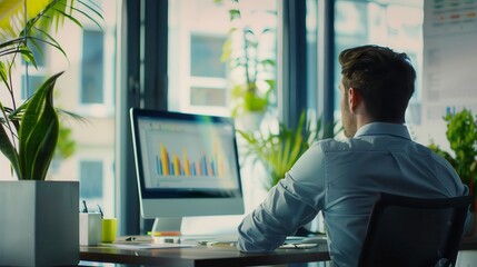 A professional analyzing data on a computer in a modern office surrounded by greenery, highlighting productivity and focus.