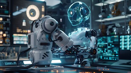 Fototapeta premium Futuristic Robots Collaborating in a Modern Laboratory