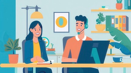 Fototapeta premium A vibrant office scene with two professionals smiling and engaging in a video call, showcasing teamwork and productivity.
