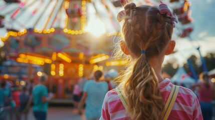 Obraz premium A young girl gazes at a vibrant carnival, surrounded by excitement and colorful lights, capturing the joy of childhood memories.