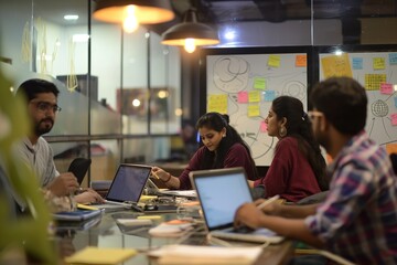 Obraz premium Colleagues collaborate on a business project in the office, utilizing technology to enhance their teamwork.