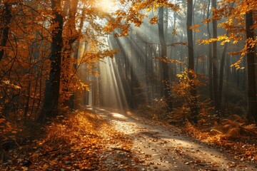 Obraz premium path in autumn forest with sun rays