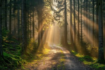 Obraz premium path in autumn forest with sun rays