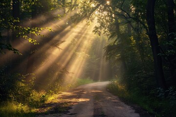 Fototapeta premium path in autumn forest with sun rays