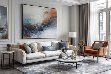 Living room with minimal decor neutral color scheme large abstract art piece floor lamp clean lines digital render