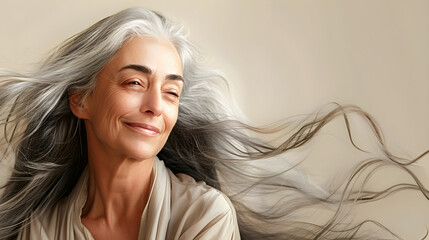 Fototapeta premium portrait of an elegant older woman with long flowing gray hair, serene expression, promoting beauty in aging, suitable for wellness, self-care, and lifestyle branding, copy space available.