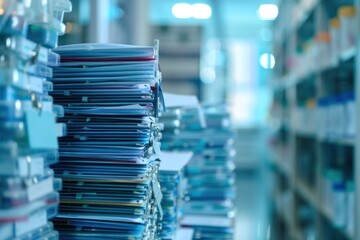 Piles of medical Files and stacks of lab results files in a science laboratory research and development concept