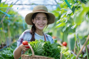 Portrait of female farmer in greenhouse hydroponic holding basket of vegetable. Harvesting vegetables