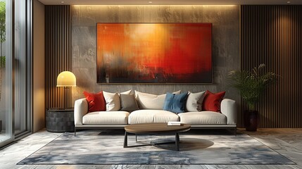 Living room with minimal decor neutral color scheme large abstract art piece floor lamp clean lines digital render