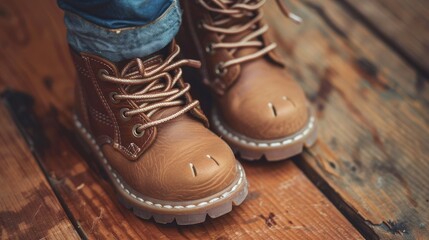 Adorable toddler footwear on wood backdrop