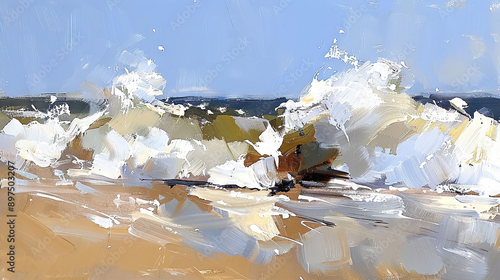 Poster   A wave crashes on a beach with a blue sky in the background and white clouds in the foreground