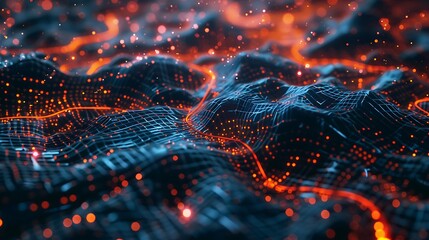 Abstract digital landscape with layered data structures and neural grids.