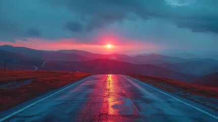 A serene landscape featuring a winding road leading to a vibrant sunset, surrounded by majestic mountains and moody clouds.