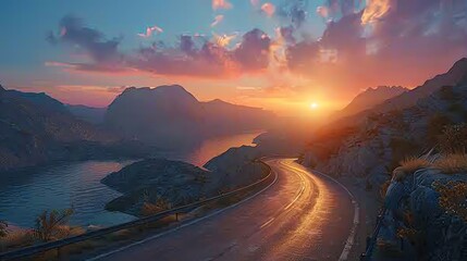 Fototapeta premium Breathtaking sunset over winding road with mountains and lake, capturing nature's beauty in vibrant colors.