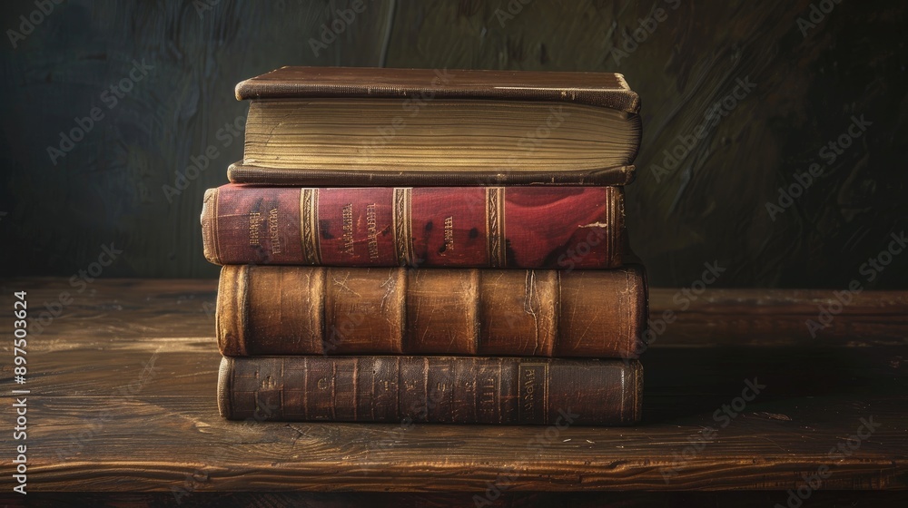 Poster three stacked books on wooden table with dark background blank space for text