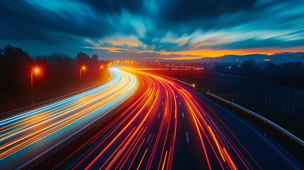 Obraz premium Vibrant highway at dusk, showcasing dynamic light trails from moving vehicles under a dramatic sky.