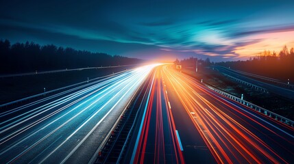 Dynamic night highway scene with vibrant light trails, showcasing the beauty of urban transportation and evening sky.