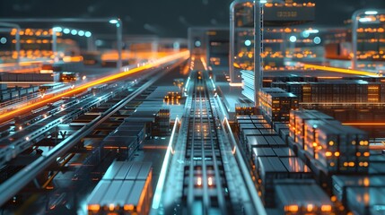Futuristic Cityscape with Illuminated Railway Tracks