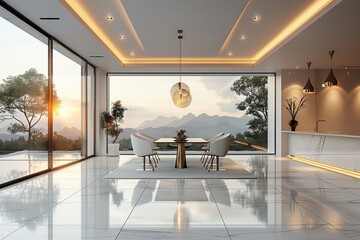 Minimalist dining area with a glass table white chairs pendant lighting simple centerpiece contemporary style highres photo
