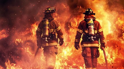 Fototapeta premium a couple of fire fighters standing in front of a fire