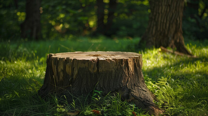 Fototapeta premium Big tree stump in a forest clearing, soft lighting, green grass, and trees in the background.