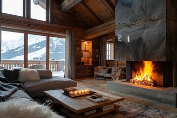 Interior of a country house with a fireplace and chalet