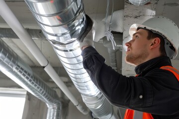 Service worker install ducted pipe system for ventilation and air conditioning, copy space