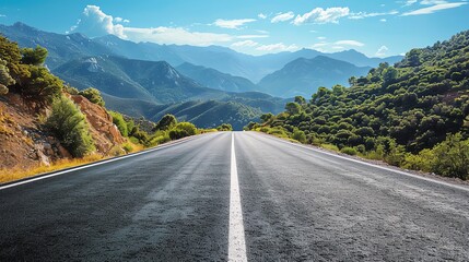 Fototapeta premium A scenic road stretches into the distance, surrounded by mountains and greenery, under a bright blue sky with fluffy clouds.