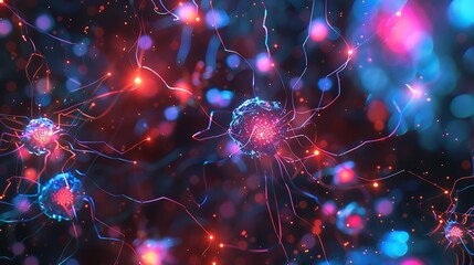 Abstract neural network in a high-tech, neon-lit environment.