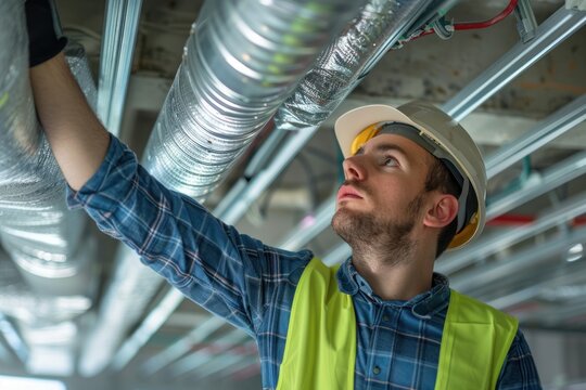 Service worker install ducted pipe system for ventilation and air conditioning, copy space