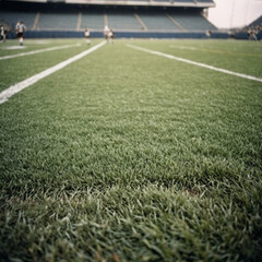 Green grass on football field, blurred background showing stands and goal in stadium. Sun shines creating a warm golden glow. Natural covering of football field. Sports competitions, championship. AI