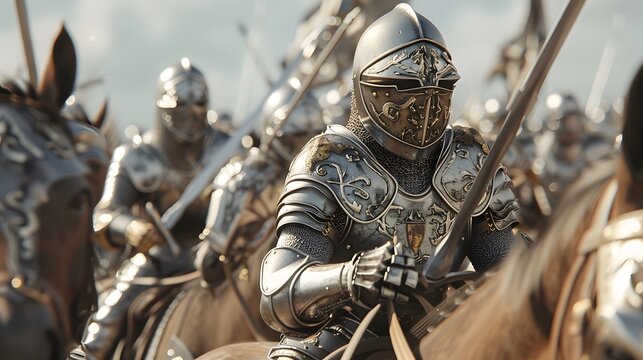 A group of medieval knights on horseback, clad in gleaming armor and wielding swords and spears, charge into battle. - Powered by Adobe