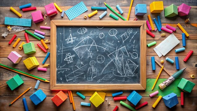 Colorful chalkboard filled with math problems and equations in a messy, handwritten style, surrounded by scattered crayons and torn paper scraps.
