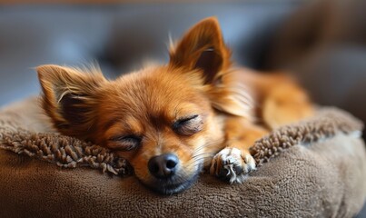 A small brown dog is sleeping on a brown pillow