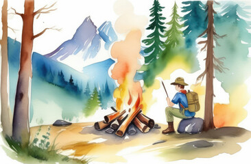 boy scout near campfire at nature landscape with mountains and forest, watercolor illustration.