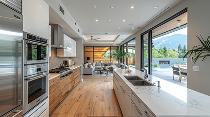 Minimalist kitchen with white cabinets stainless steel appliances natural wood island pendant lights photorealistic