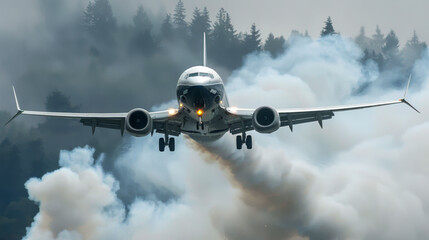 A large passenger plane lands in snowy weather. A Boeing plane lands on a snowy runway. Transport concept.