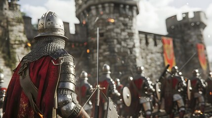 Naklejka premium A medieval knight in full armor stands before a towering stone castle, ready for battle.
