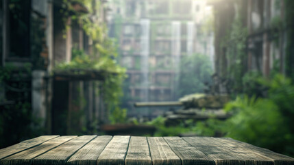 close up of empty wooden table with blurred post apocalyptic city with overgrown plants background