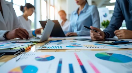 Diverse business team discussing financial data during a meeting in the office, concept for group collaboration or market analysis.
