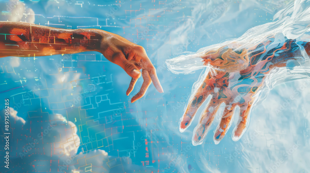 Poster One hand reaches out to the other hand, both hands touch. The image is a representation of the concept of unity and connection. The blue sky in background adds a sense of calm. Abstract background.