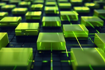 Fluorescent lime green blocks trend upward, cast on a dark, techno grid.
