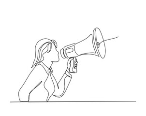 Woman holding Megaphone single line vector illustration. Continuous line drawing of megaphone speaker.