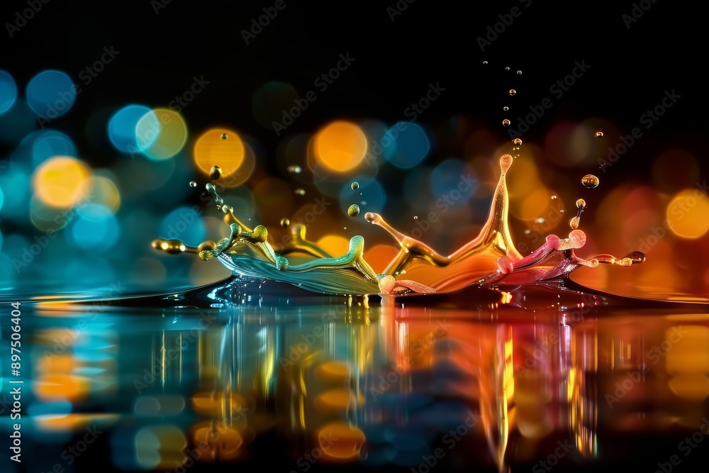 Poster dynamic water splash captured against a colorful bokeh backdrop, showcasing vibrant and fluid motion