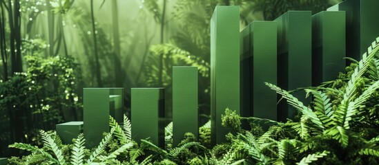 Forest green blocks depict a healthy economic trend, contrasted against a lush woodland scene.