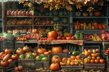 A bountiful display of pumpkins, squash, and other seasonal fruits and vegetables at an open-air market. Generative AI