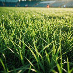 Obraz premium Green grass on football field, blurred background showing stands and goal in stadium. Sun shines creating a warm golden glow. Natural covering of football field. Sports competitions, championship. AI