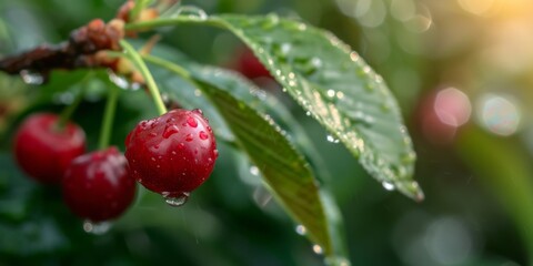 Obraz premium Close-up of red cherries hanging on a branch with morning dew drops and green leaves in the background.