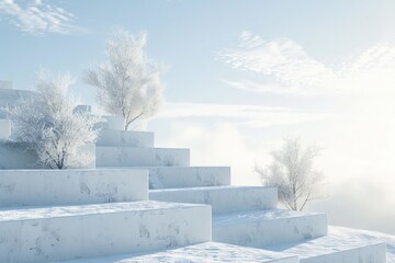 Frost white blocks depict a cool market ascent, placed against a winter morning sky.