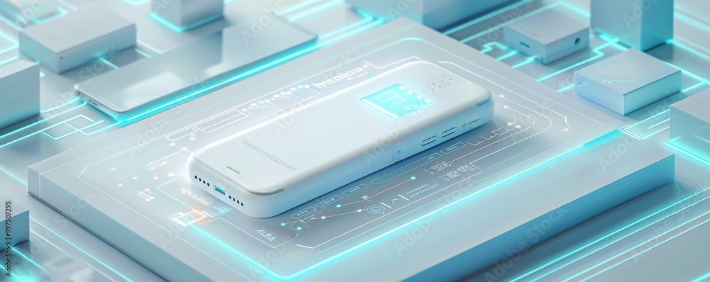 Poster futuristic electronic device equipped with digital display on a high-tech circuit board